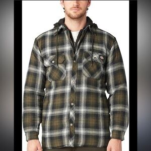 Dickies Mens 3XL Fleece Hooded Flannel Shirt Jacket Black Olive Ombre